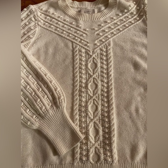 LOFT | Cream Cable Knit Popcorn Long Sleeved Sweater Puff Sleeve | L - Picture 5 of 7